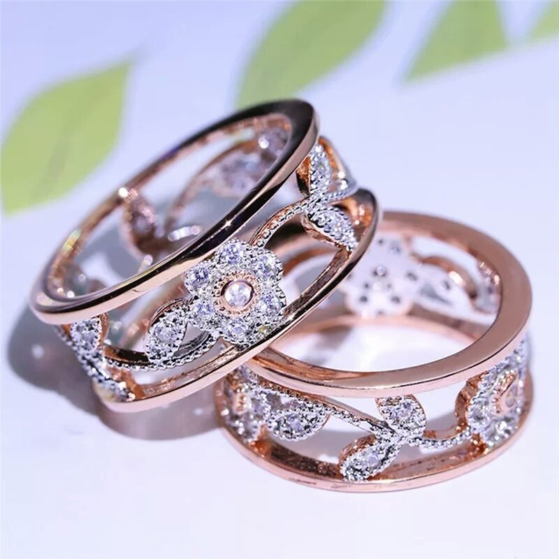 Crystal Rose Gold Flower Leaf Hollow Design Rhinestone Ring For Women