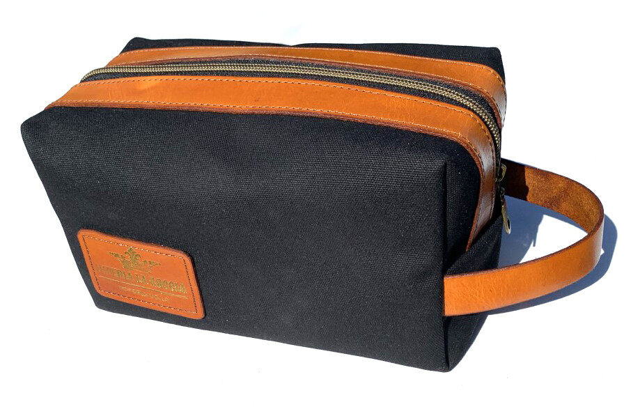 Lined 15 oz. Waxed Canvas and Leather Dopp Kit (Black and Tan)