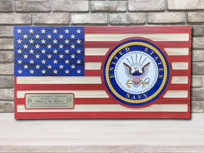 Personalized Wooden US Navy Flag Plaque With Full Color Emblem , Flush Mounted Inlay