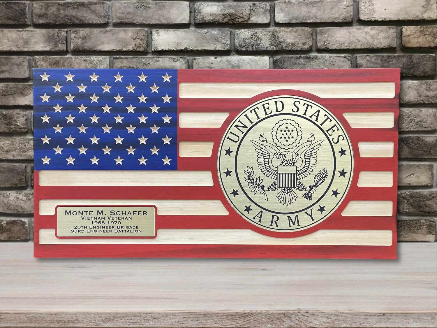 Army Retirement Gift, Personalized Wooden US Army Flag With Brass , Flush Mounted Inlay