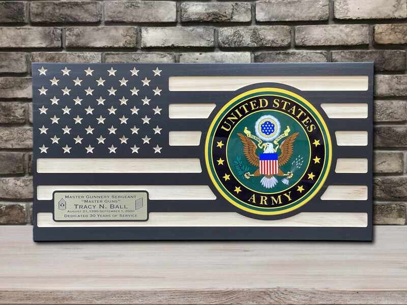 Army Retirement Gift, Personalized Ebony Wooden US Army Flag With Full Color Emblem , Flush Mounted Inlay
