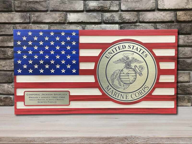 Personalized Wooden US Marine Flag With Brass , Flush Mounted Inlay