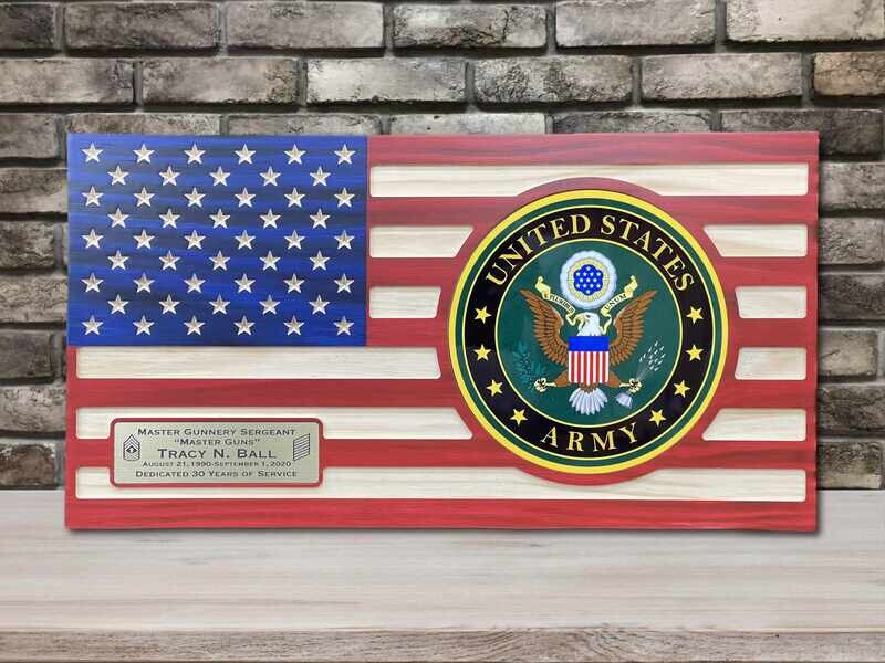 Army Retirement Gift, Personalized Wooden US Army Flag With Full Color Emblem , Flush Mounted Inlay