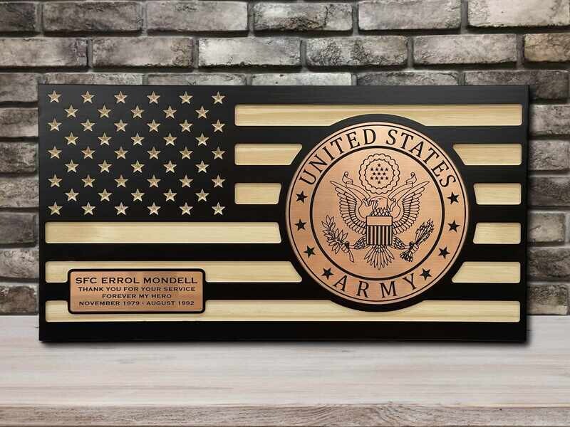 Personalized Wooden Ebony US Army Flag With Copper , Flush Mounted Inlay