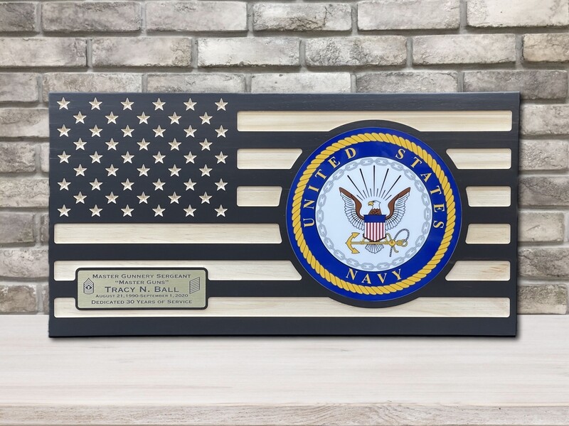 Navy Retirement Gift, Personalized Ebony Wooden US Navy Flag With Full Color Emblem , Flush Mounted Inlay