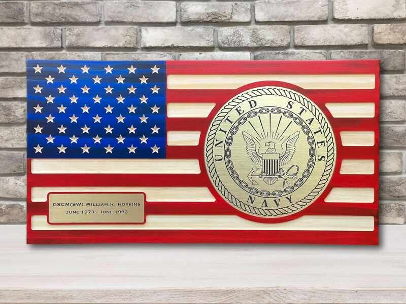 Personalized Wooden US NAVY Flag With Brass , Flush Mounted Inlay