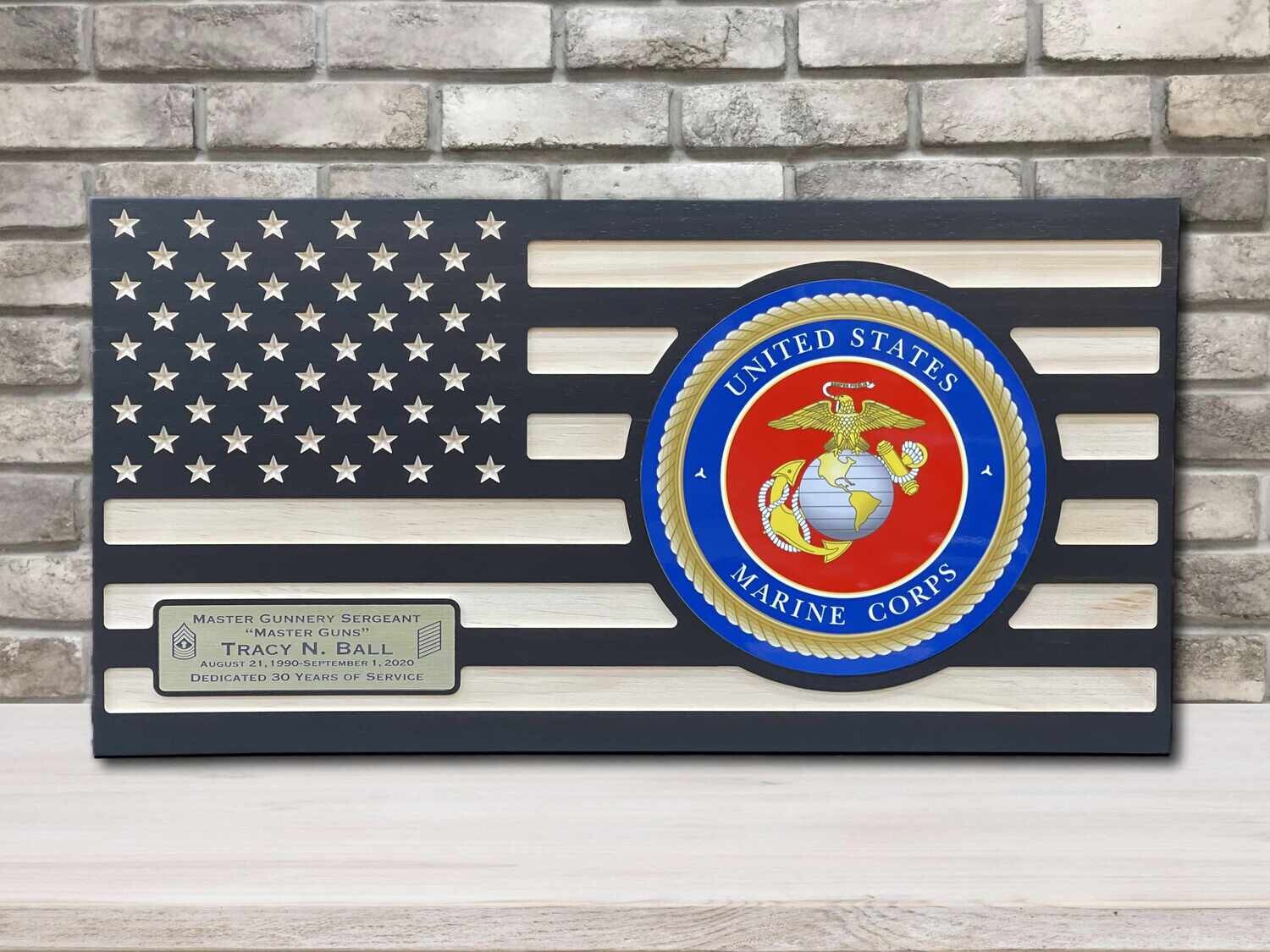 Personalized Ebony Wooden US Marine Flag With Full Color Emblem , Flush Mounted Inlay