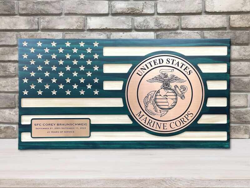 Personalized Wooden US Marine Flag Plaque, Military Green Color, With Copper, Flush Mounted Inlay