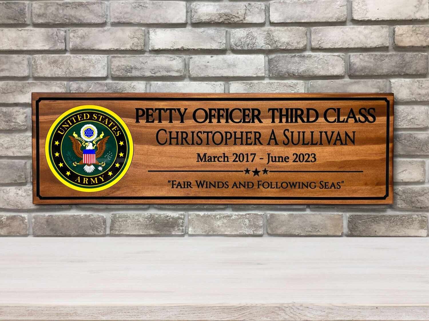 Personalized Army Plaque With Full Color Emblem Gift (American Walnut Stain)