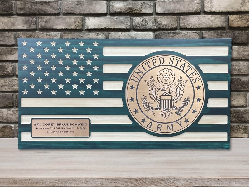 Personalized Wooden U.S. Army Flag Plaque, Military Green In Color, With Copper,Flush Mounted Inlay