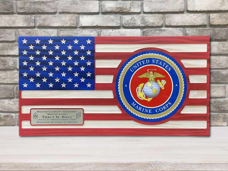 Personalized Wooden US Marine Flag Plaque Gift With Full Color Emblem , Flush Mounted Inlay