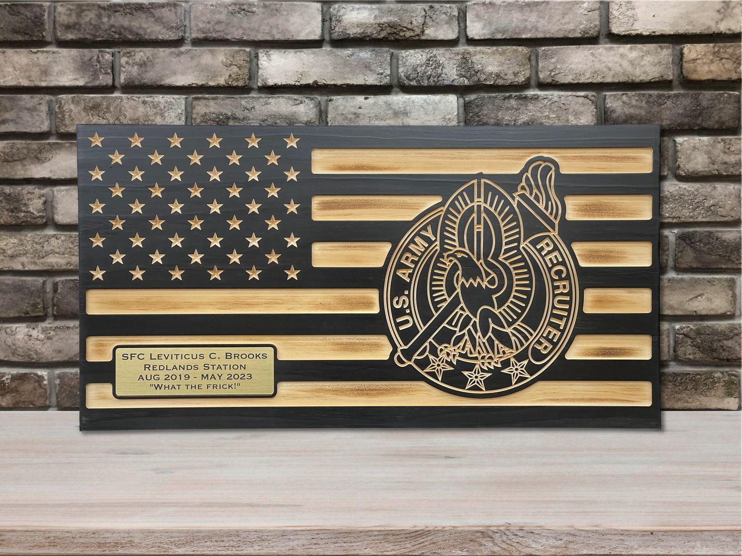 Army Recruiter Badge Wooden Flag Gift , Personalized , Ebony Color , Officially Licensed,USAREC