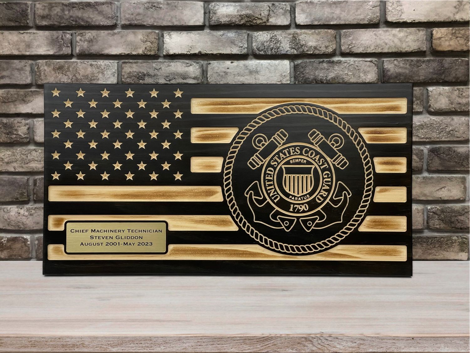 Coast Guard Gift , Personalized Wooden Military Flag , (Ebony Finish)