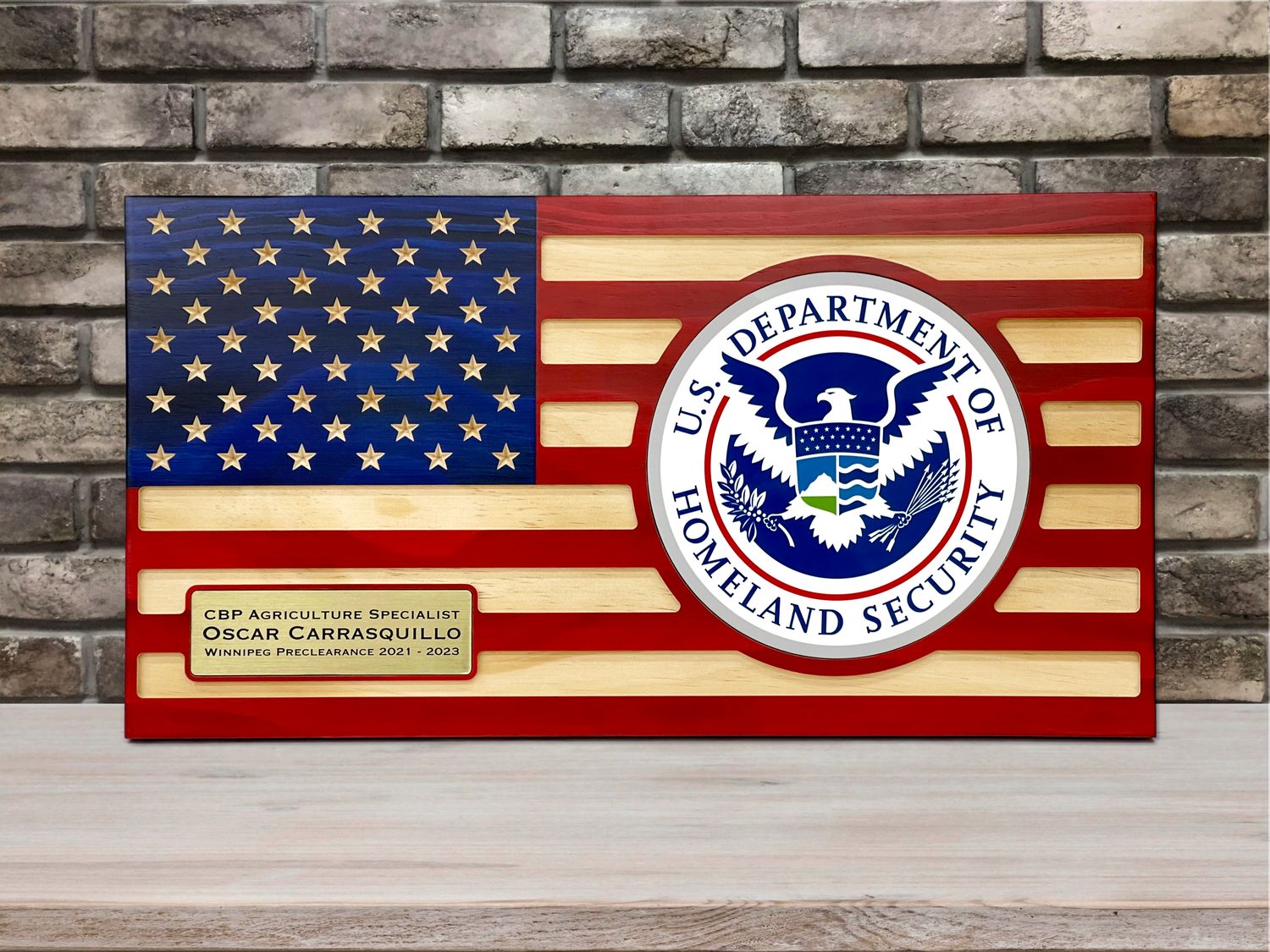 Homeland Security Edition Handcrafted Wooden American Flag Gift–  (&quot;Old Glory&quot; Finish)