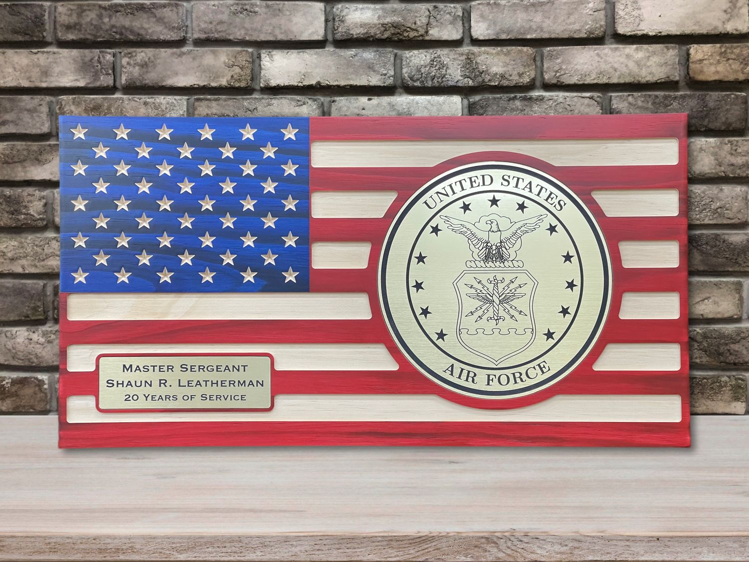 Personalized Wooden US Air Force Flag With Brass , Flush Mounted Inlay