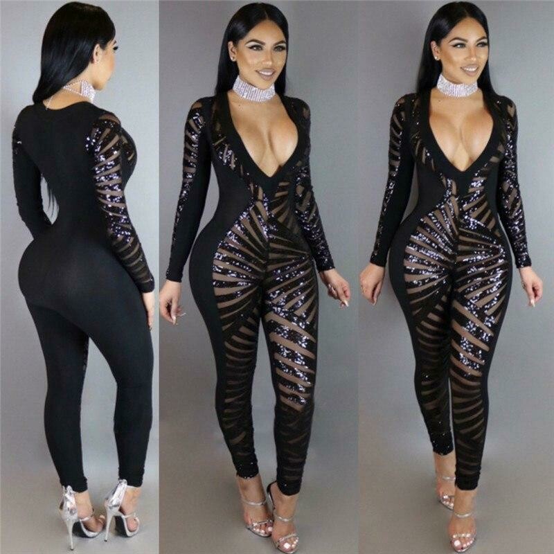 Sequin V- Neck Long Sleeve Body con Jumpsuit