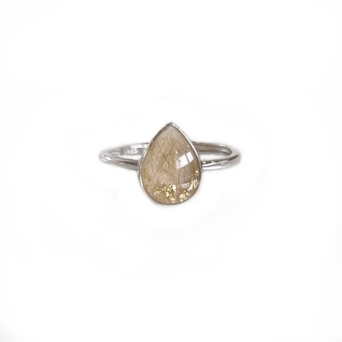 Drop ring with baby hair and gold leaf pieces