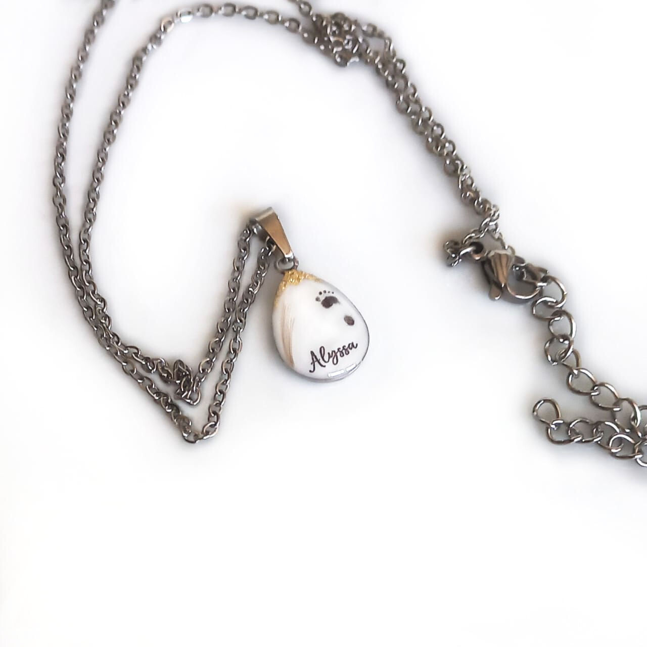 Drop pendant with breast milk, name, footprint, hair &amp; gold leaf &amp; Necklace