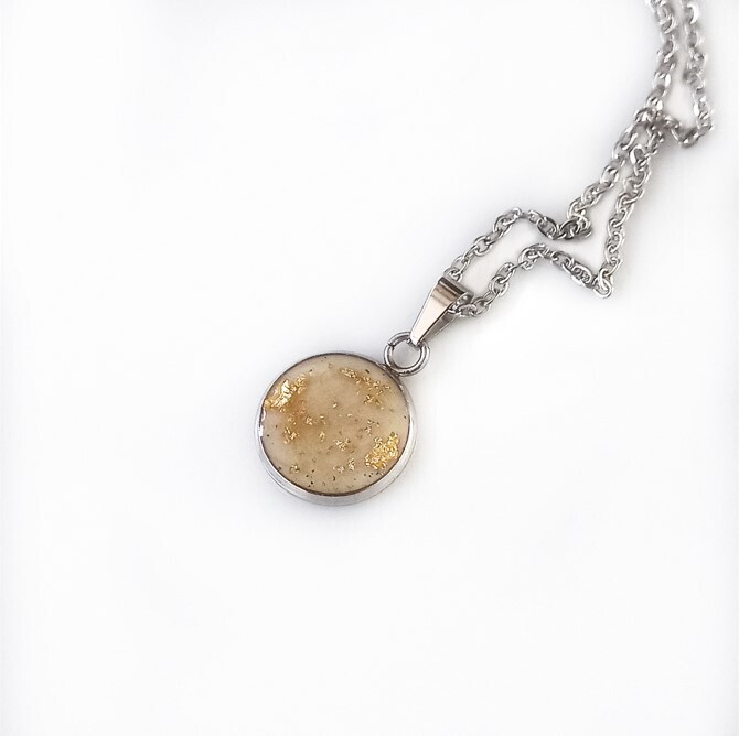 Necklace with breast milk, baby hair &amp; gold leaf pendant