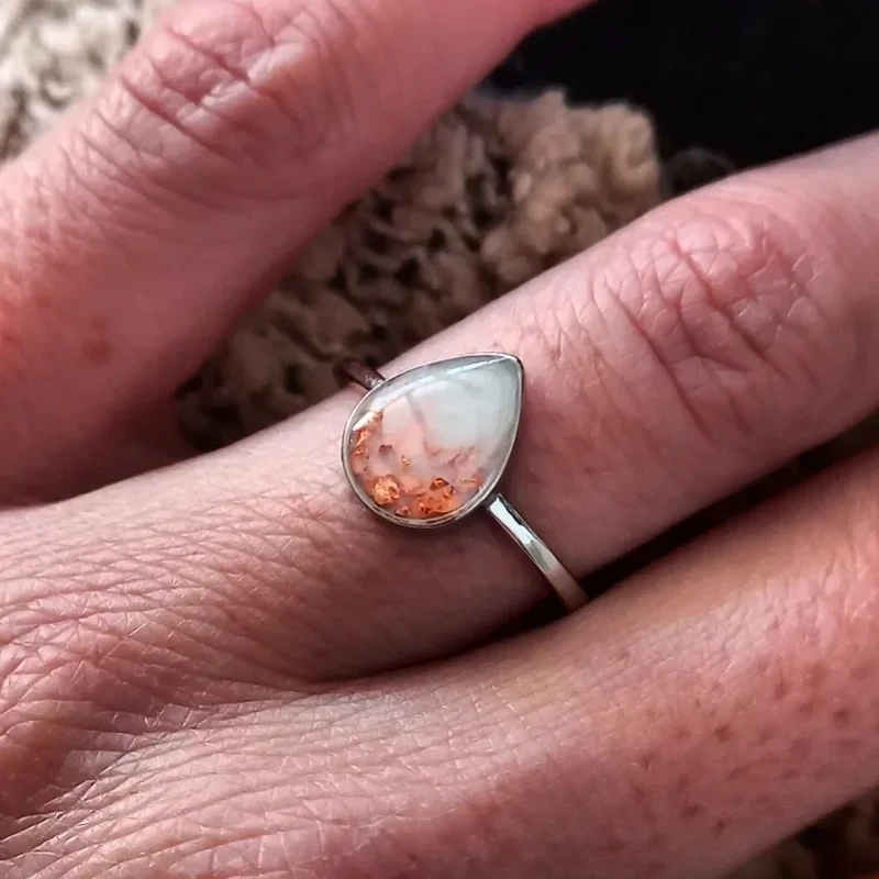 Drop ring with breast milk and rose gold leaf pieces