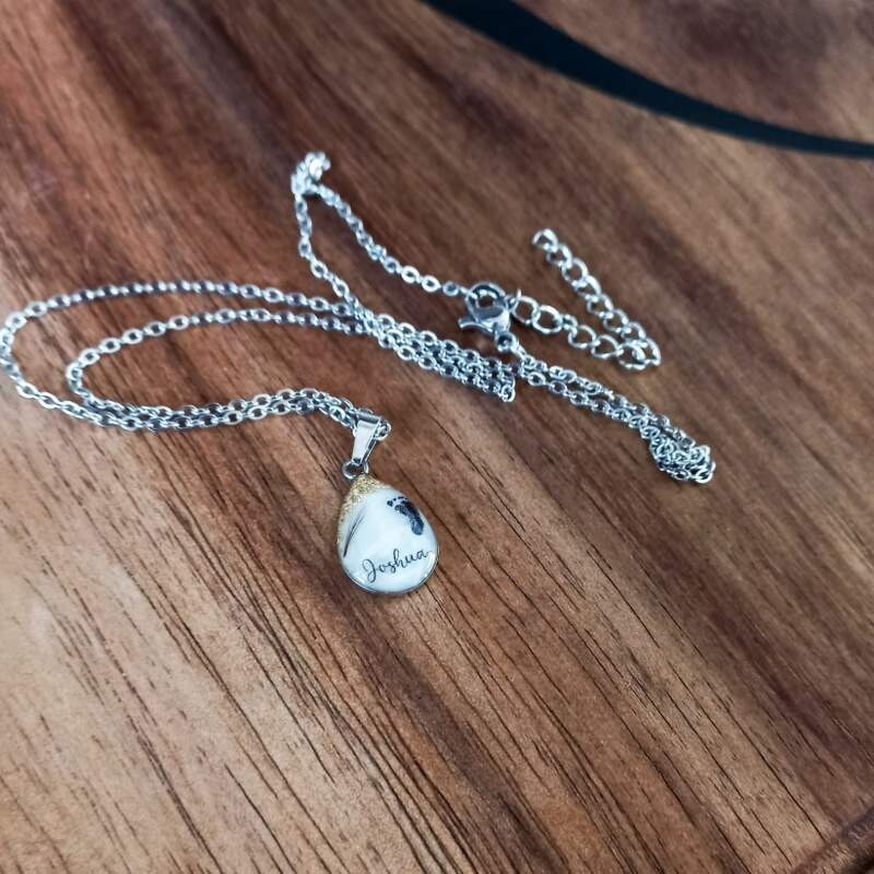 Drop pendant with breast milk, name, footprint, hair &amp; gold leaf &amp; Necklace