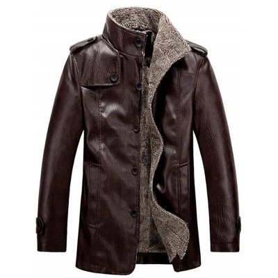 Stand Collar Flocking Single Breasted PU-Leather Jacket