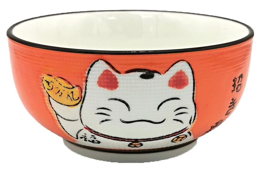 Lucky Cat Japanese Style Round  Rice Bowl 4.5" - Orange