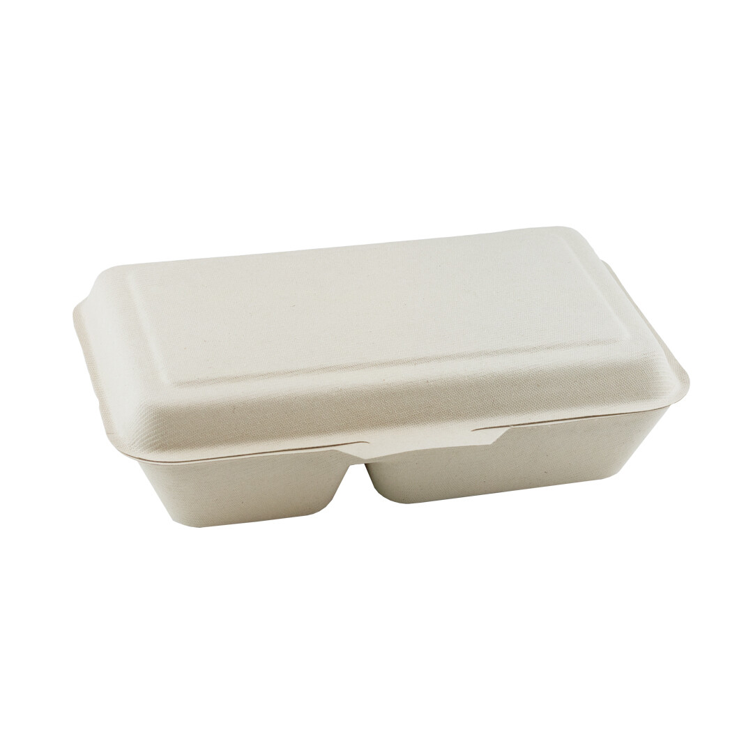 Bagasse 2-vaks menubox 24x16x6cm/1000ml bruin 2-vaks, verpakt 500 stuks