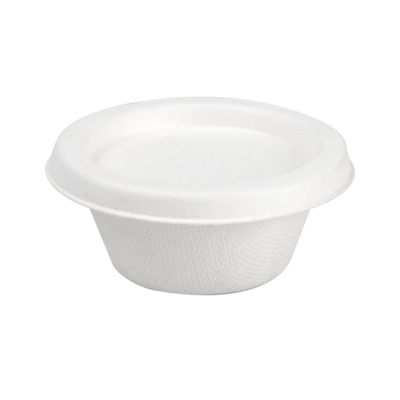 Bagasse sausbakje 60ml/6,9cm Ø wit + deksel, verpakt per 1000 stuks