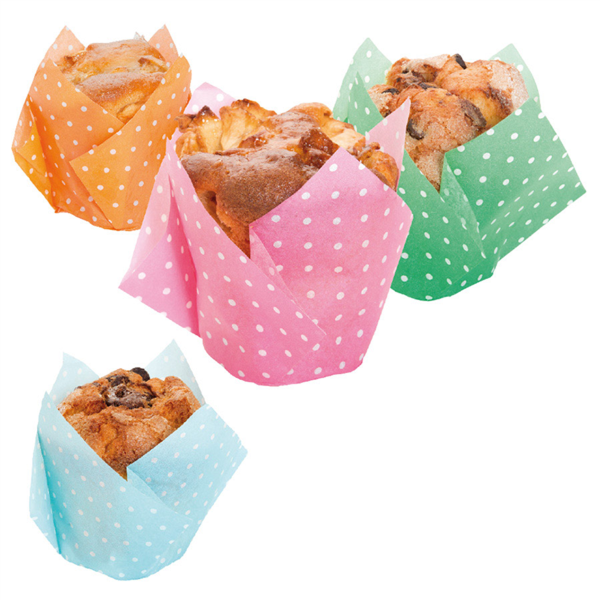 Bakpapier muffin 4 kleuren polkamix 150ml/15x15cm/5cm Ø, verpakt per 1000 stuks