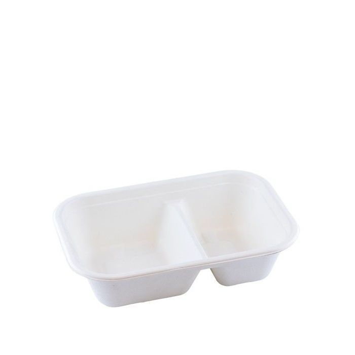 Suikerriet maaltijdbak wit 1000ml, 2-vaks 229x153x50mm, biolaminaat PBAT, verpakt per 250 stuks