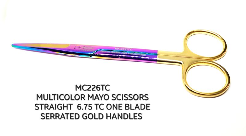 Mayo Scissors TC Multicolor 6¾&quot; Straight One Blade Serrated Gold Handles