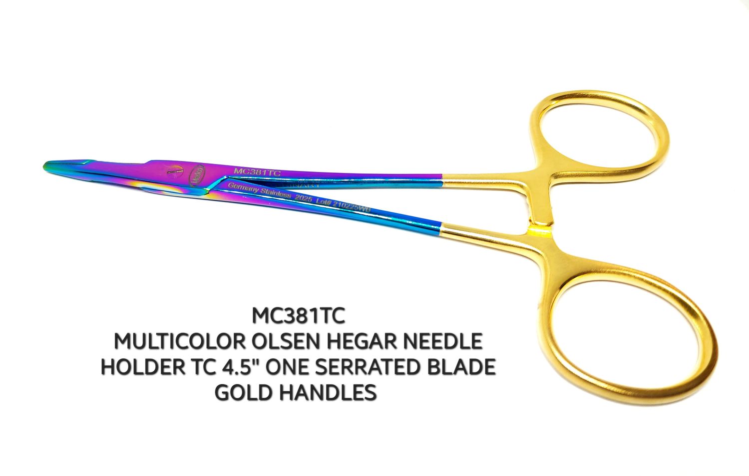 Olsen Hegar Needle Holder TC 4½&quot; With Scissors One Blade Serrated Multicolor