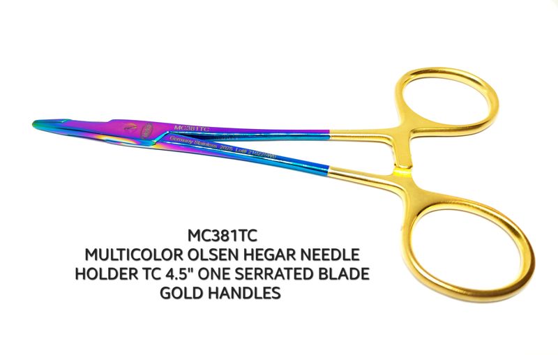 Olsen Hegar Needle Holder TC 4½&quot; With Scissors One Blade Serrated Multicolor