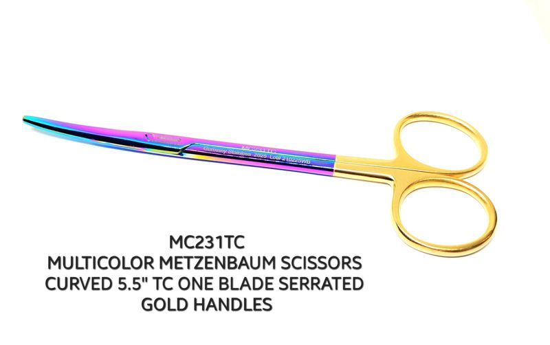 Metzenbaum Scissors 5.5&quot; TC Multicolor Curved One Blade Serrated