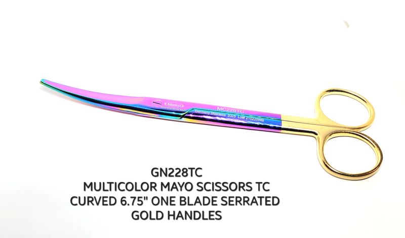 Mayo Scissors 6.75&quot; TC Curved Multicolor One Blade Serrated Gold Handles