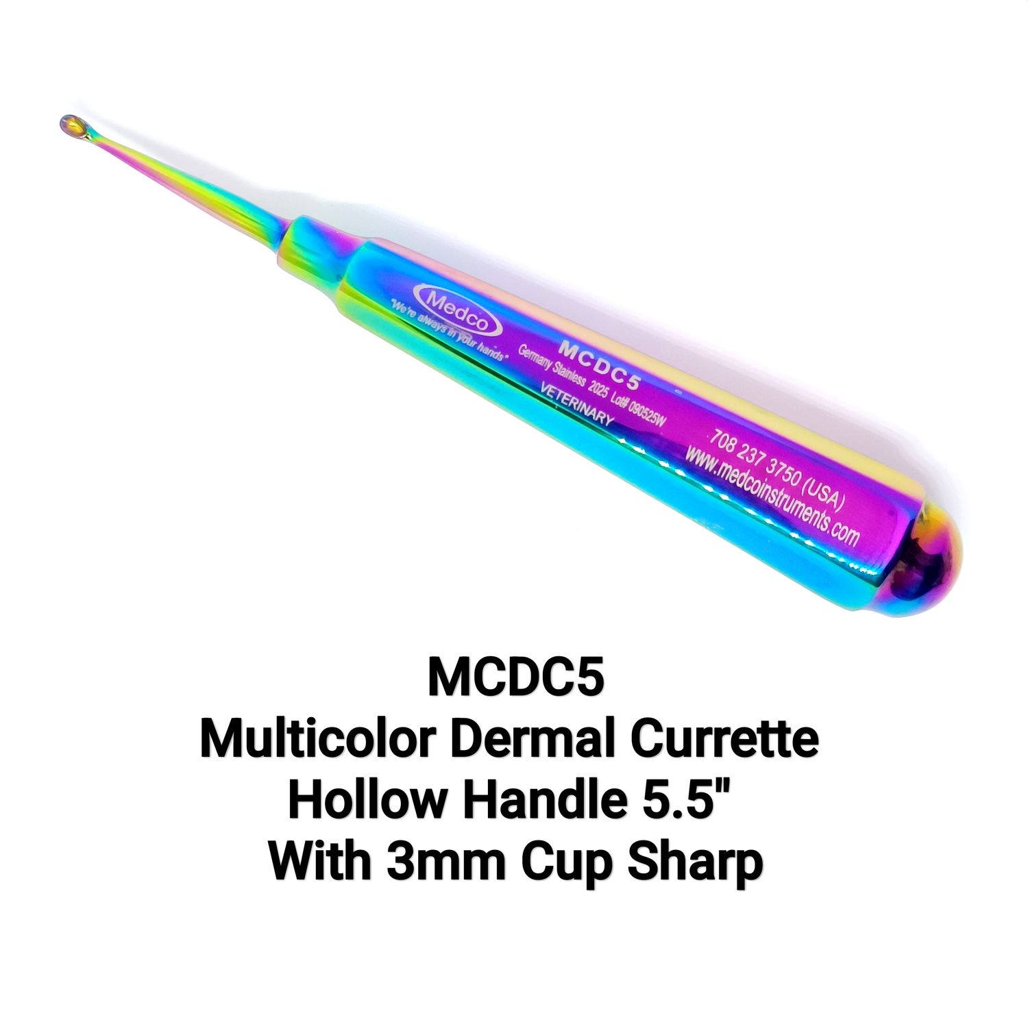 Multicolor Dermal Curette 5.5&quot; 3mm Sharp Cup