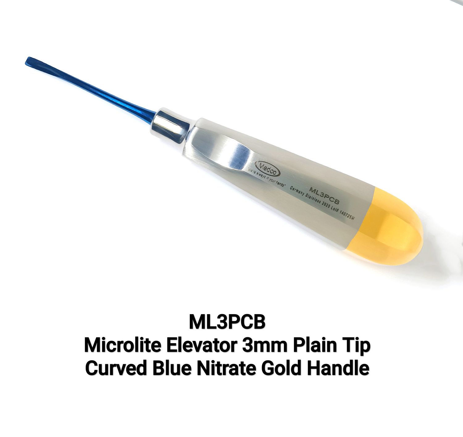 ​Elevator 3mm Plain Tip Curved Blue Nitrate Gold Handle