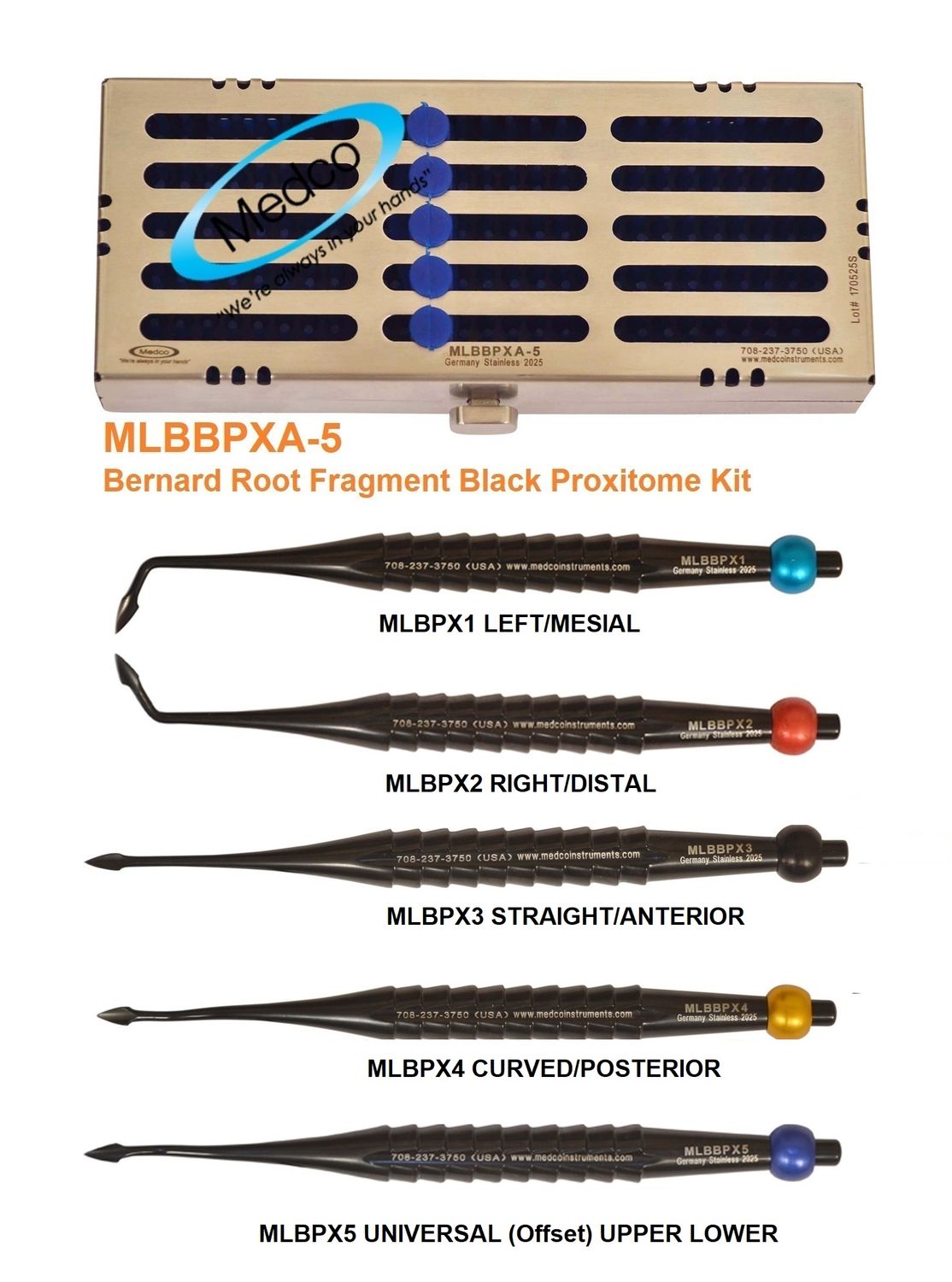 Bernard Root Fragment Black Proxitome Kit of 5, with Metal Case Left, Right, Straight, Curved, Offset