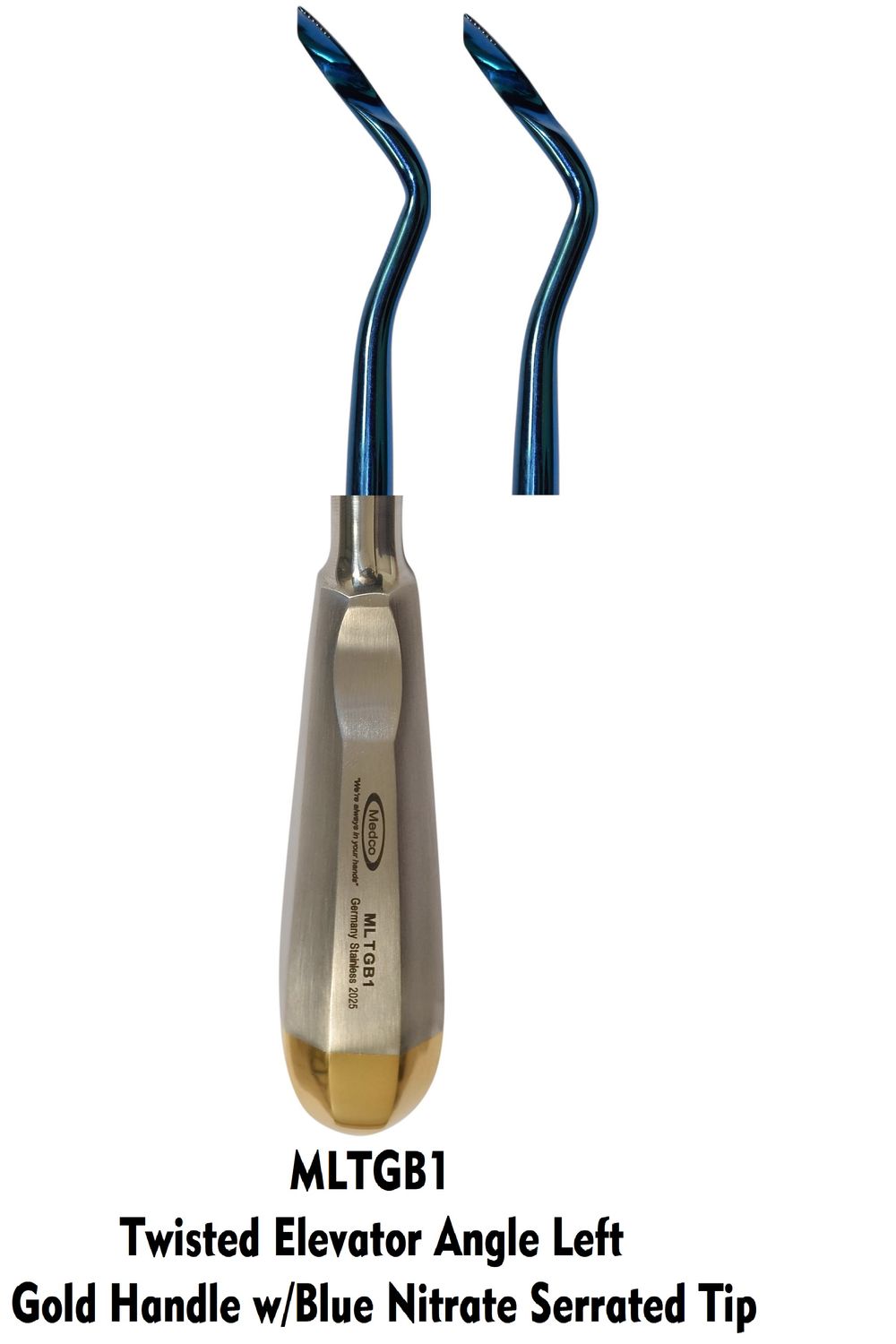 Twisted Elevator Left Angle Blue Nitrate Serrated Tip Gold Handle