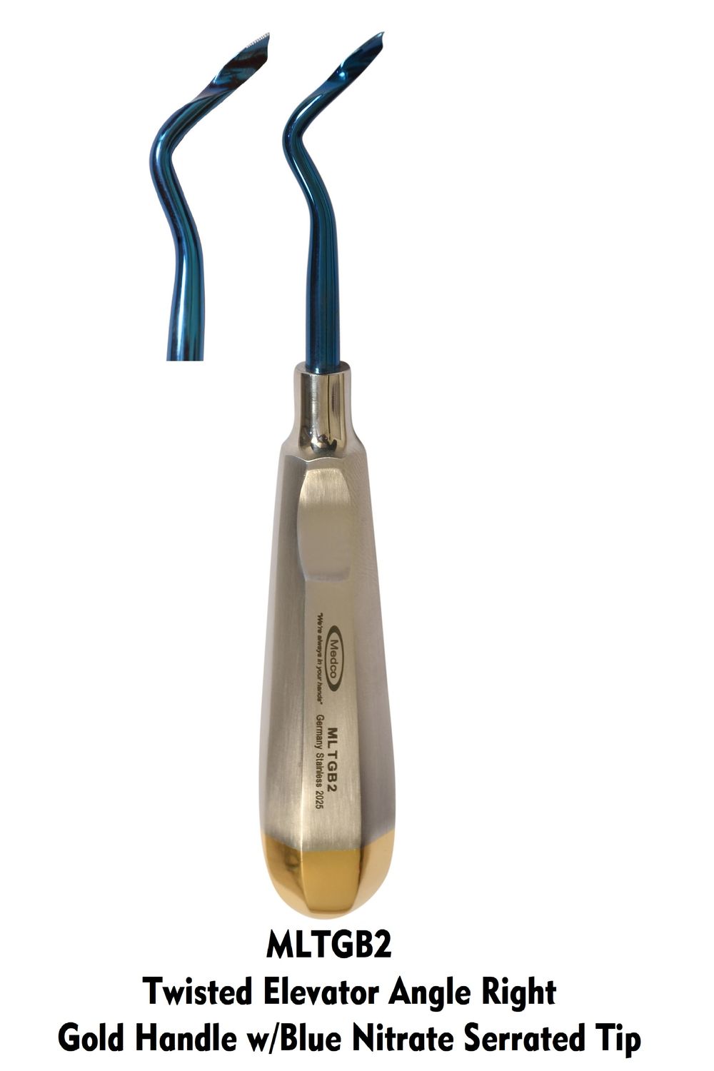 Twisted Elevator Right Angle Blue Nitrate Serrated Tip Gold Handle