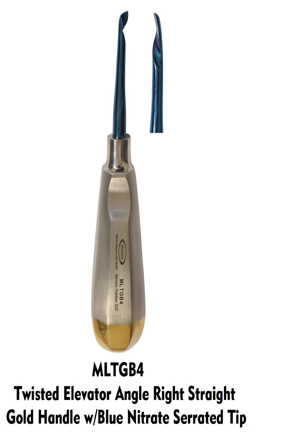 Twisted Elevator Right Angle STRAIGHT Blue Nitrate Serrated Tip Gold Handle