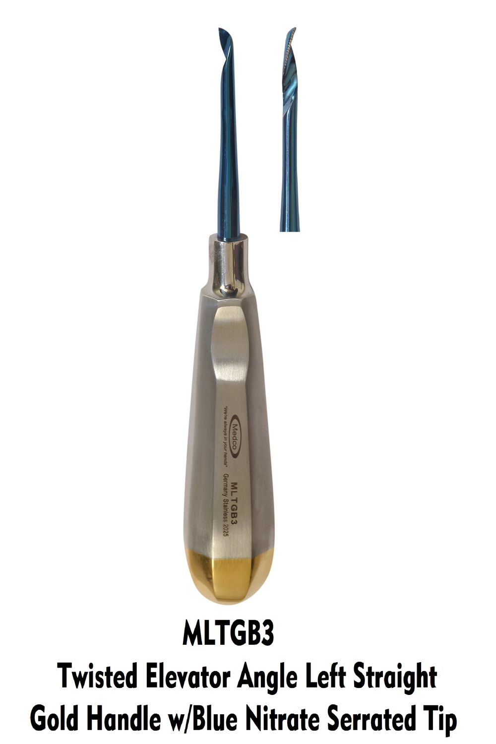 Twisted Elevator Left Angle STRAIGHT Blue Nitrate Serrated Tip Gold Handle