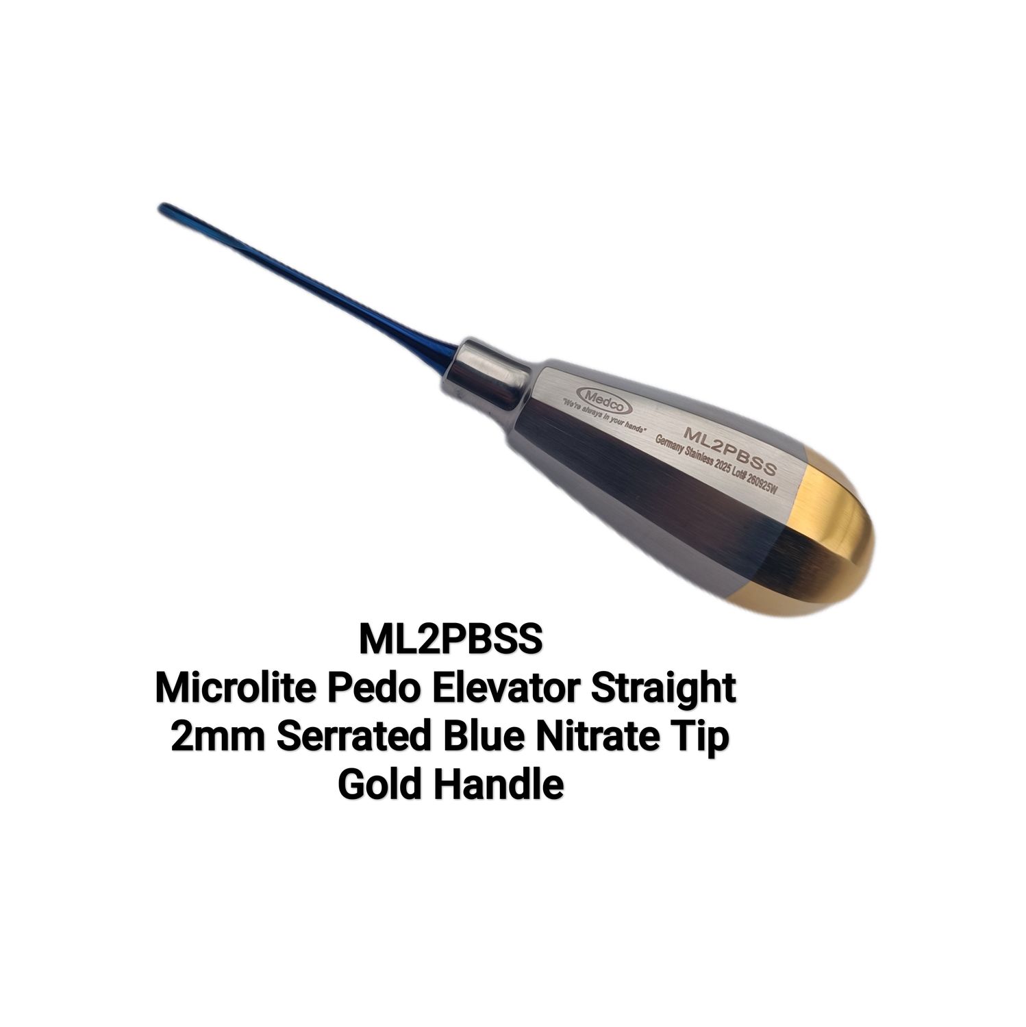 Microlite Pedo Elevator 2mm Serrated Straight Blue Nitrate Tip Gold Handle