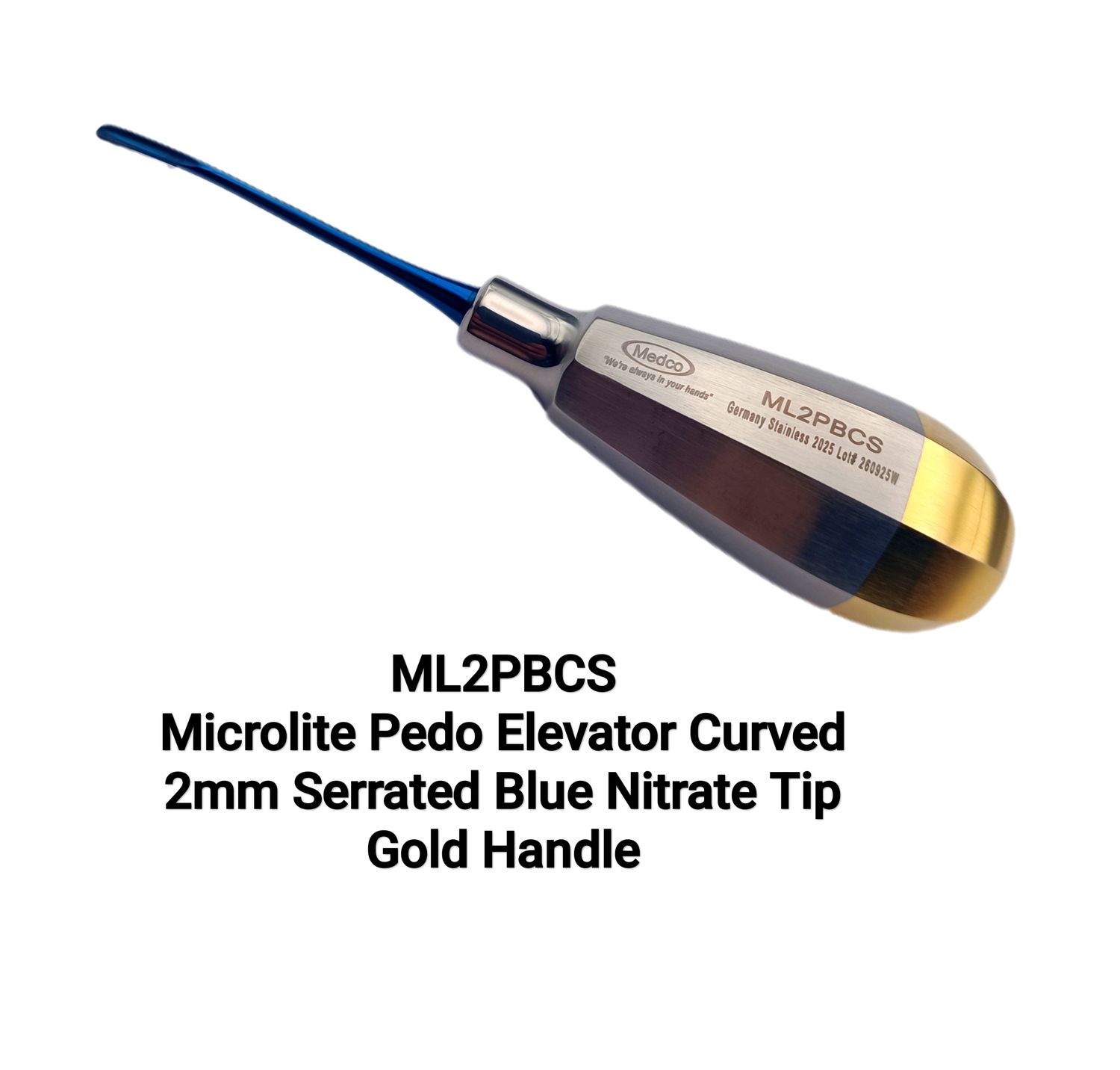 Microlite Pedo Elevator 2mm Serrated Curved Blue Nitrate Tip Gold Handle