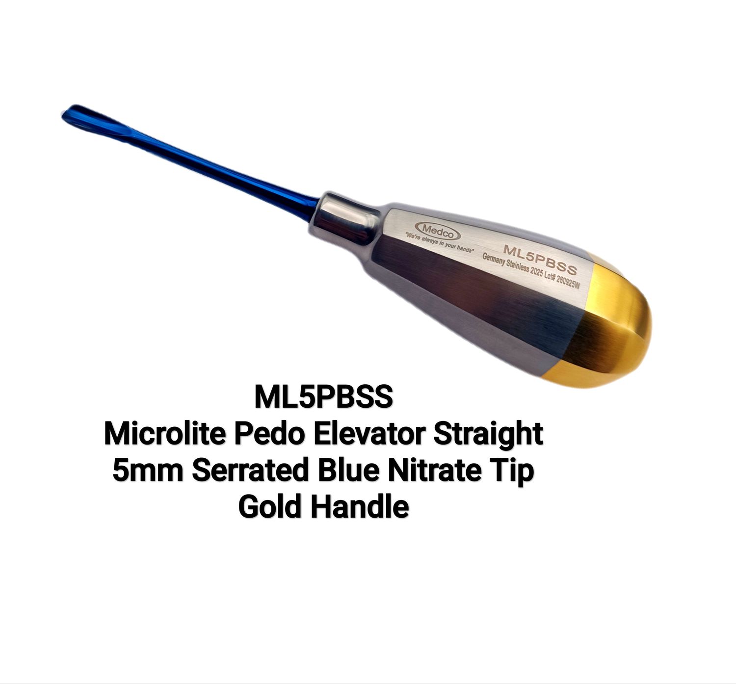 Microlite Pedo Elevator 5mm Serrated Straight Blue Nitrate Tip Gold Handle