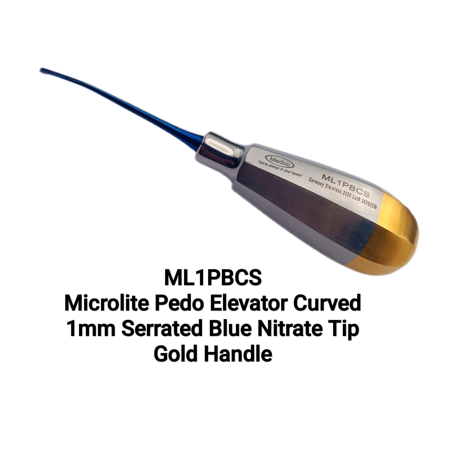 Microlite Pedo Elevator 1mm Serrated Curved Blue Nitrate Tip Gold Handle