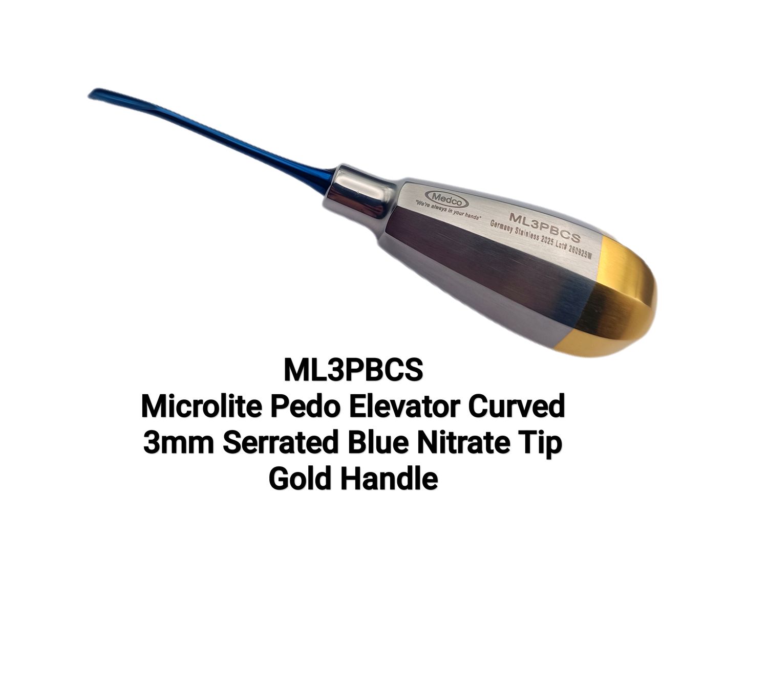Microlite Pedo Elevator 3mm Serrated Curved Blue Nitrate Tip Gold Handle