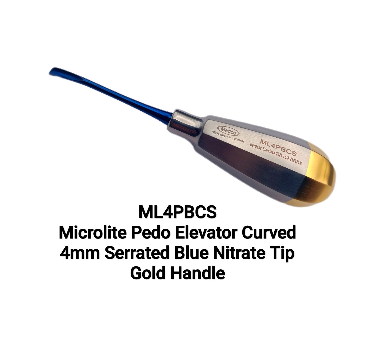 Microlite Pedo Elevator 4mm Serrated Curved Blue Nitrate Tip Gold Handle