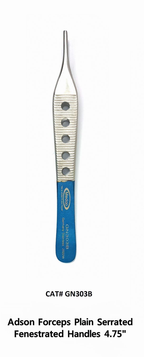 Adson Forceps 4.75" Serrated Blue Fenestrated Handle